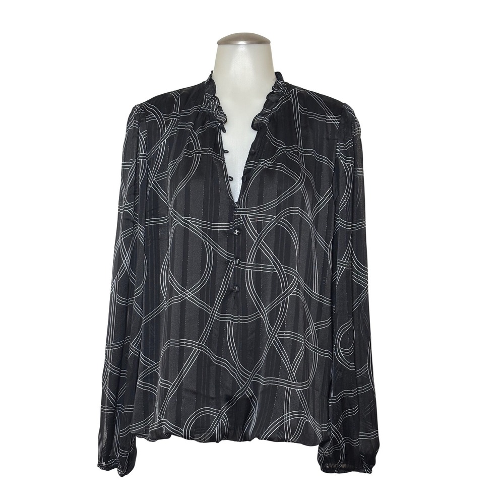 Tamara H. Blouse Women XL Black White Geometric Ruffle V-Neck Lined Excellent!